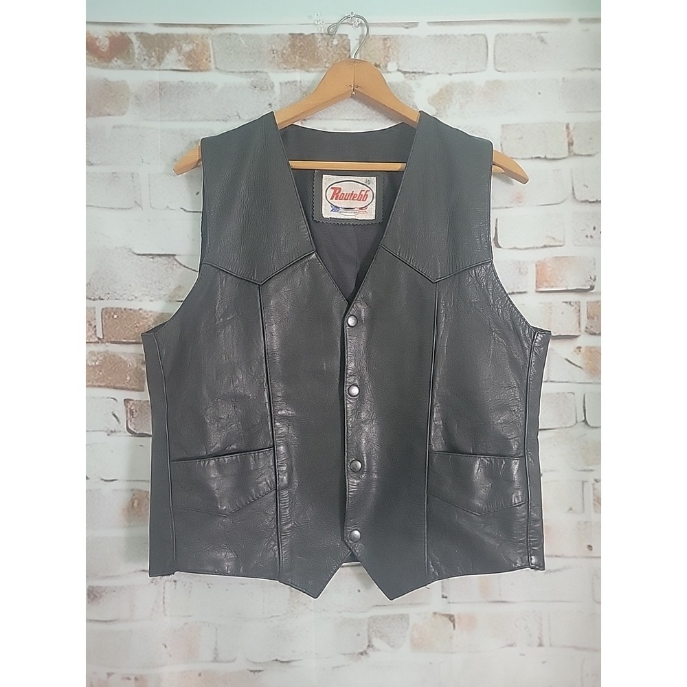 Vintage Route 66 Black Leather Vest Button Front Size 40 Biker